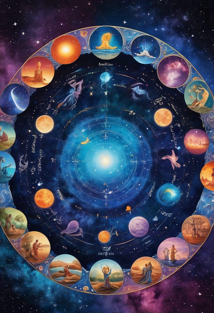 A beautiful celestial scene displaying the twelve zodiac signs arranged in a circular pattern, harmoniously blending with elements representing different lifestyles like yoga, cooking, and travel around the edges. The backdrop features a cosmic sky filled with twinkling stars and vibrant constellations, inviting viewers into the world of astrology and community engagement. The signs radiate a warm glow, suggesting connection and alignment. surrealistic. vibrant colors. cosmic theme.