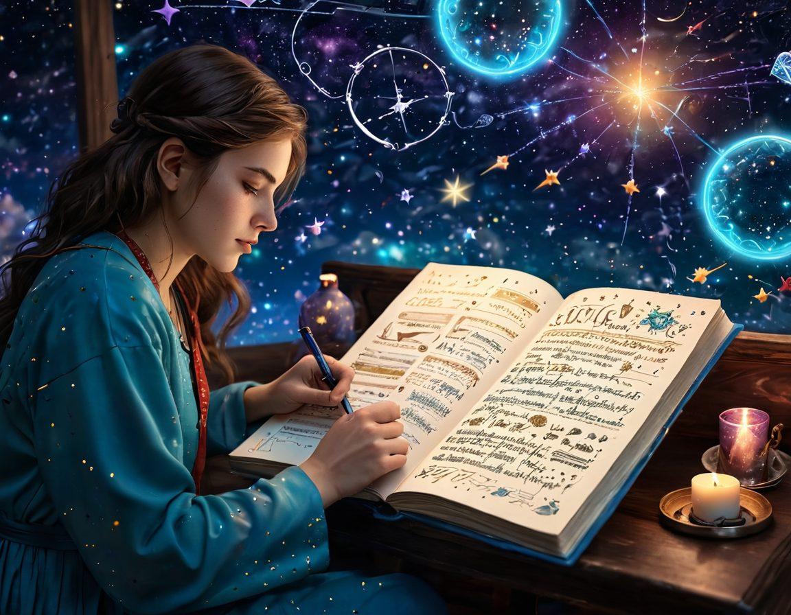 A mystical digital diary open to a page filled with colorful horoscopes, surrounded by astrological symbols and glowing constellations. A person is writing in the diary with a quill, bathed in soft, ethereal light that represents personal insights. In the background, a starry night sky enhances the celestial theme. super-realistic. vibrant colors. mystical atmosphere.