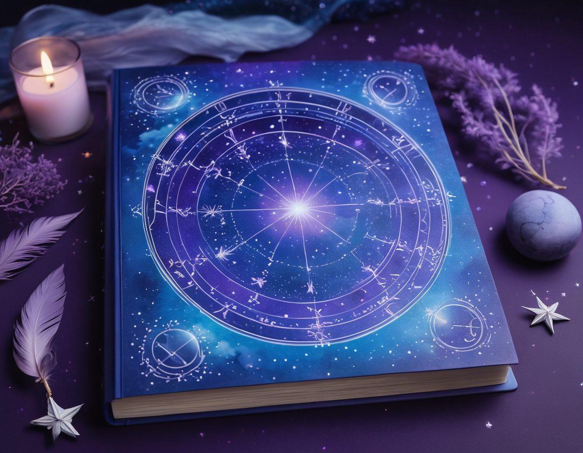 A mystical night sky filled with twinkling stars, a glowing zodiac wheel at the center, and ethereal constellations beautifully woven around it, illustrating the connection between astrology and lifestyle. Below the celestial scene, an open journal with a quill, symbolizing the joy of blogging. Soft cosmic hues of purple and blue create a dreamy atmosphere. super-realistic. vibrant colors. cosmic theme.